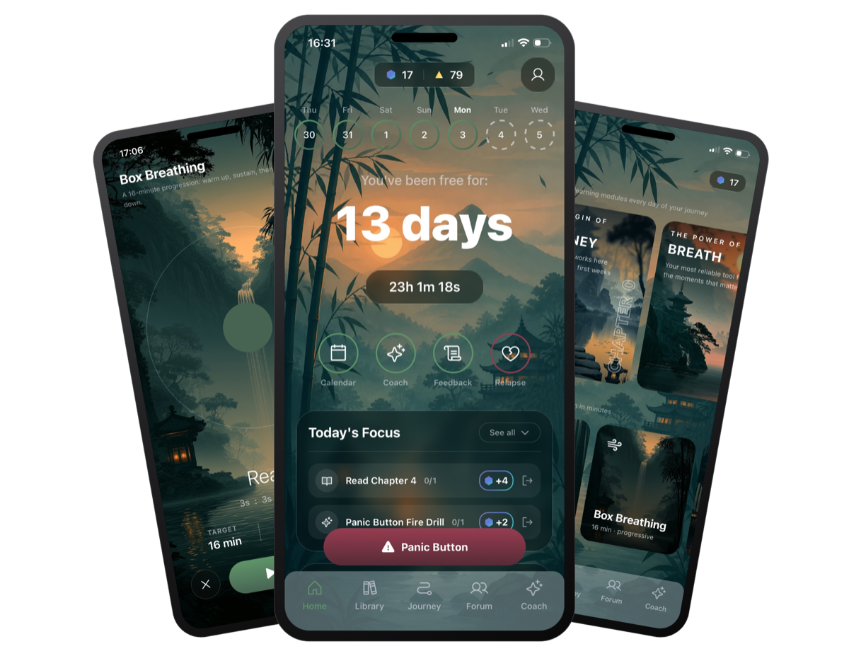 Reclaim app screens — home with streak and panic button, library, and guided breathing